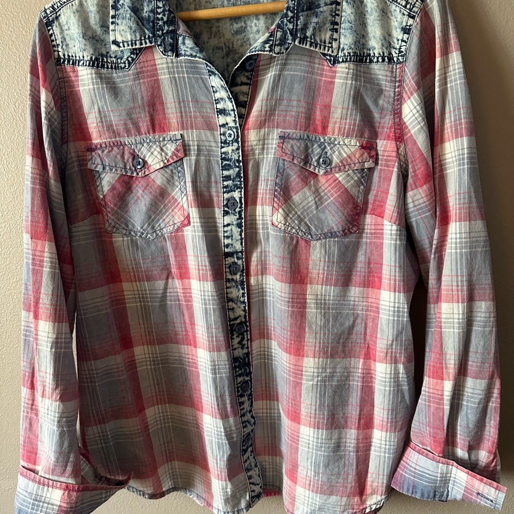 Plaid Button-Up Shirt with Denim Accents